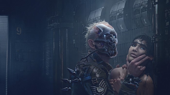 Cyberpunk cyborg holding a woman