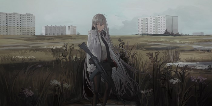 Anime girl with grey hair holding a rifle in a field