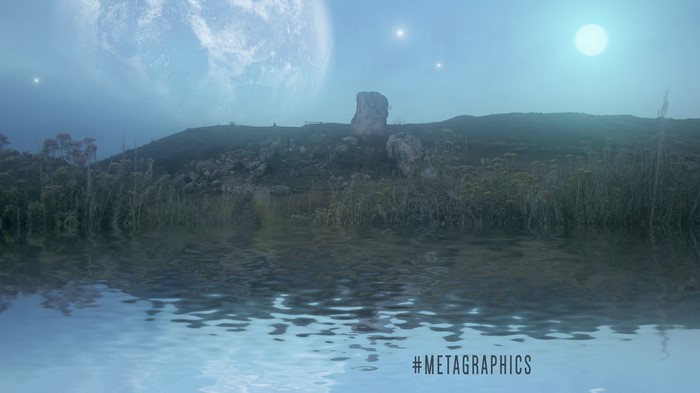 Fantasy landscape with planet and moon reflection