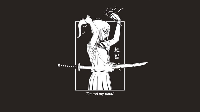 Girl with sword and kanji text