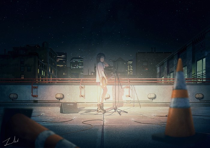 Anime girl with guitar on rooftop at night