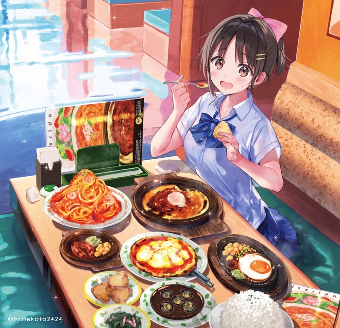 Anime girl eating a meal at a restaurant