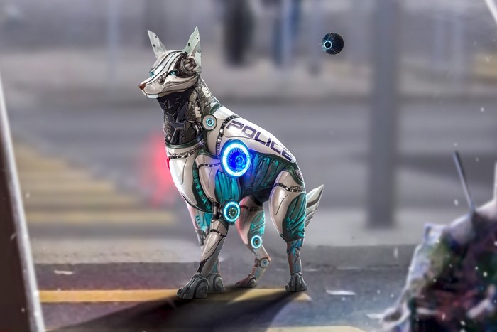 Robotic police dog with drone in futuristic city