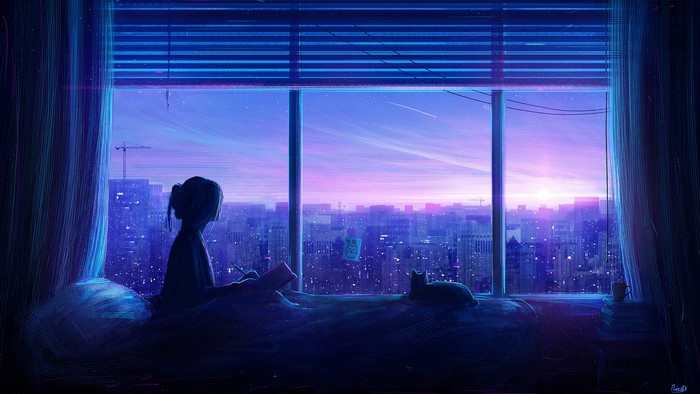Cityscape at Sunset Through Window with Bed and Cat