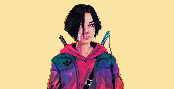 Artwork of a woman with dark hair and swords