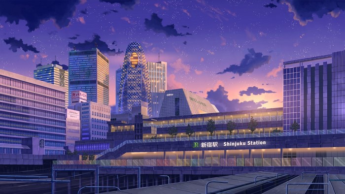 Shinjuku Station cityscape at twilight with stars