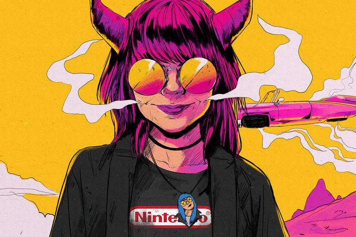 Woman with horns and Nintendo shirt