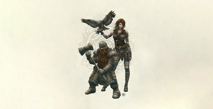Dwarf warrior and fantasy woman with owl