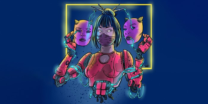 Cyborg holding masks with robotic arms