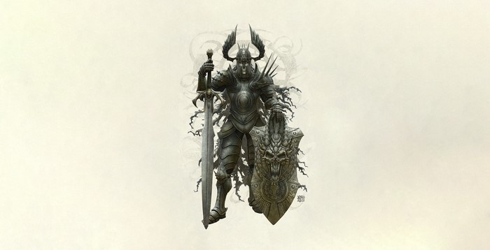 Knight in armor with sword and skull shield