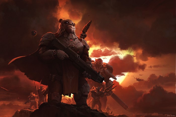 Armored panda soldier with rifle on a rocky planet