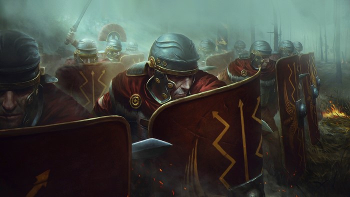 Roman soldiers in formation with shields and swords