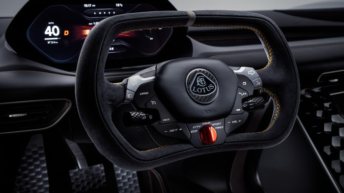 Lotus Evija car interior with steering wheel and dashboard