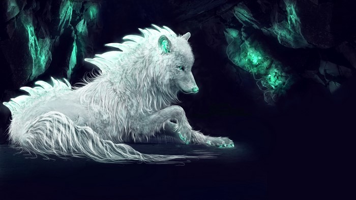 Fantasy white wolf with glowing elements in a cave