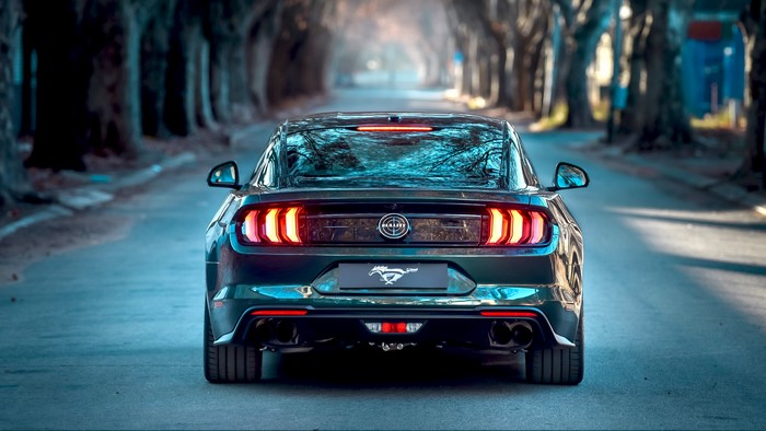 Ford Mustang Bullitt 2019 rear view on tree-lined road
