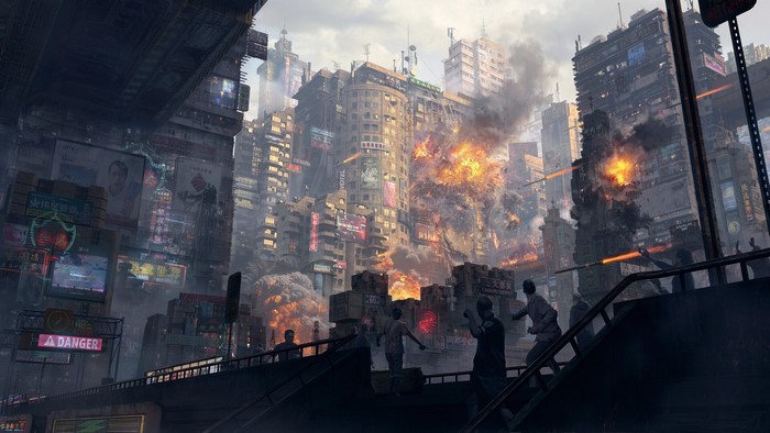 Cyberpunk city explosion with people running
