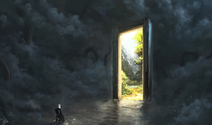 Rabbit in a chair before a portal to a forest