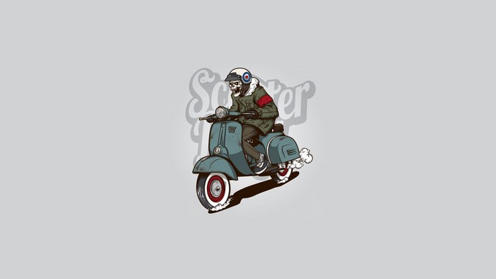 Skeleton riding a scooter with headphones