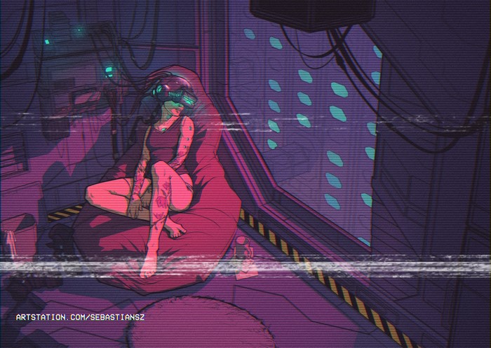 Woman in VR headset on beanbag chair in futuristic room