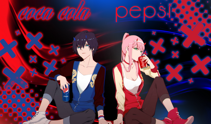 Hiro and Zero Two from Darling in the FranXX with Coca-Cola and Pepsi