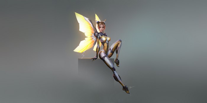 Fantasy art of a cyborg fairy with glowing wings