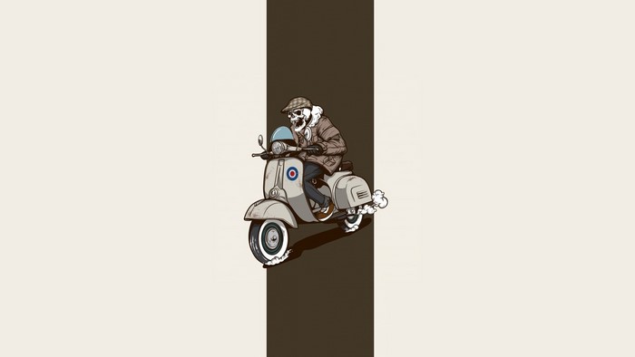 Skeleton riding a scooter with a British flag emblem