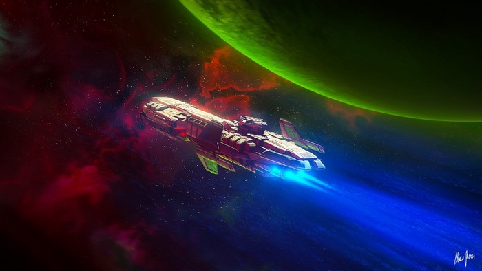 Spaceship traveling through nebula near a planet
