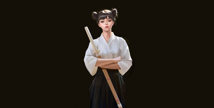 Anime girl with sword on black background