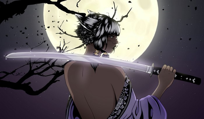 Woman with katana under the moon
