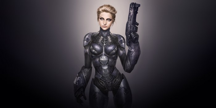 Woman in futuristic armor holding a gun