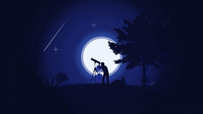 Man with telescope under the moon and stars