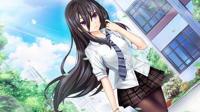 Anime girl with dark hair and purple eyes