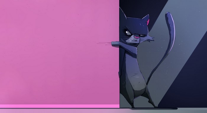A cartoon cat peeking from behind a pink surface