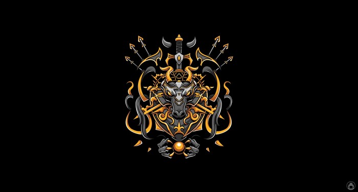 Minimalist artwork of a golden dragon with a sword