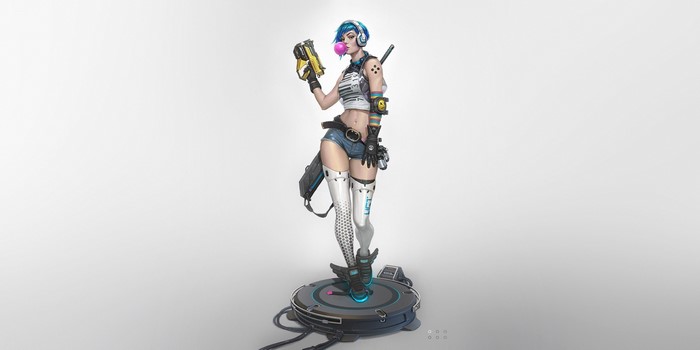 Woman with headphones and weapon chewing bubblegum