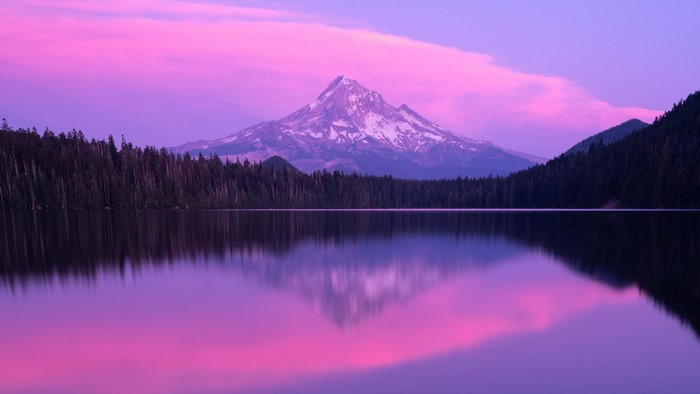 Mount Hood reflected in a lake at sunset