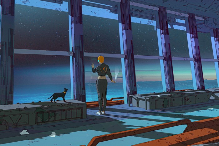 Woman smoking with cat in futuristic space station