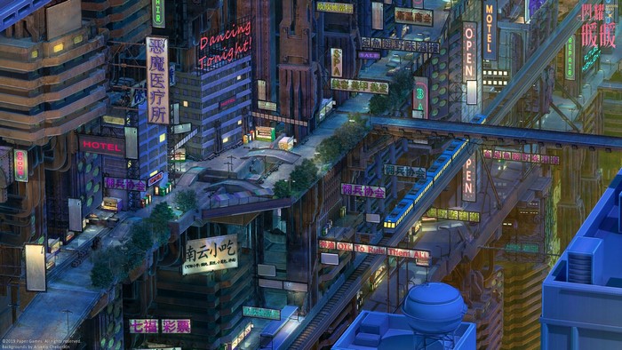 Cyberpunk cityscape with neon signs and a train