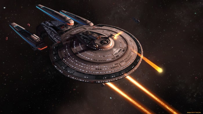 Star Trek spaceship firing weapons in space