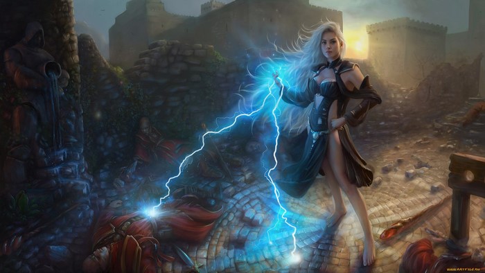 Fantasy girl casting lightning in a ruined castle