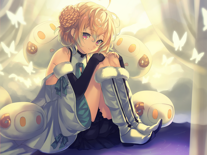 Anime girl with fluffy creatures and butterflies