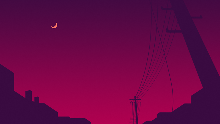 Crescent moon over city skyline with power lines