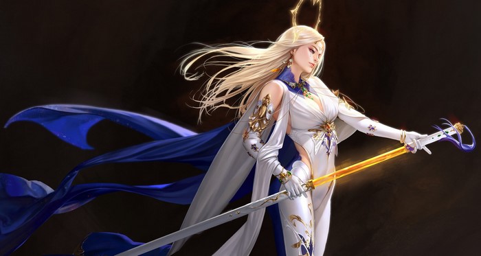 Fantasy blonde woman with sword and cape by TaeKwon Kim