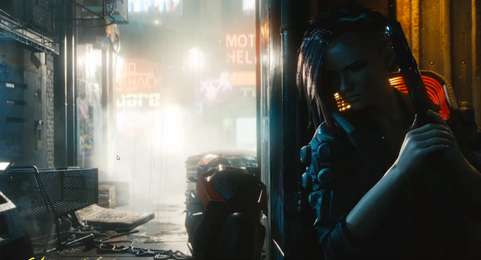 Woman with gun in Cyberpunk 2077 alley