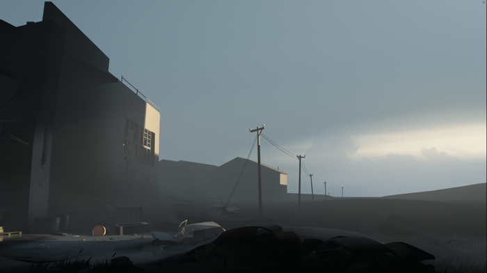 Inside game scene with abandoned cars and buildings