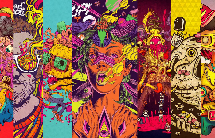 Psychedelic collage artwork with surreal figures and vibrant colors