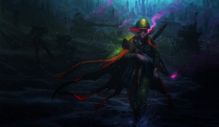 Soldier with colorful energy and weapon in a dark landscape