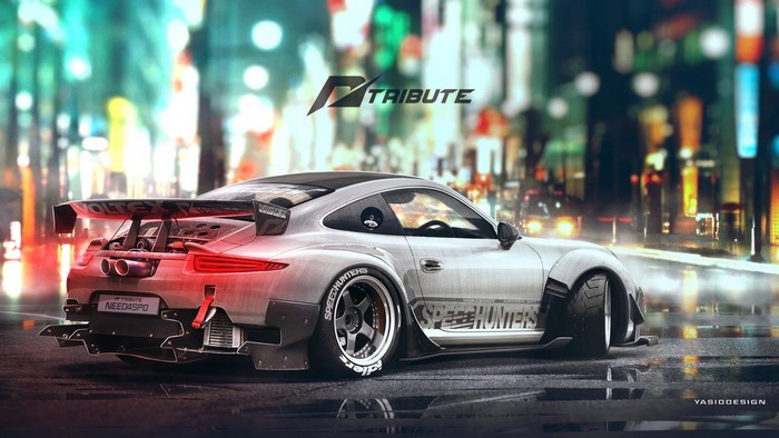 Porsche 911 widebody artwork with 'Tribute' logo