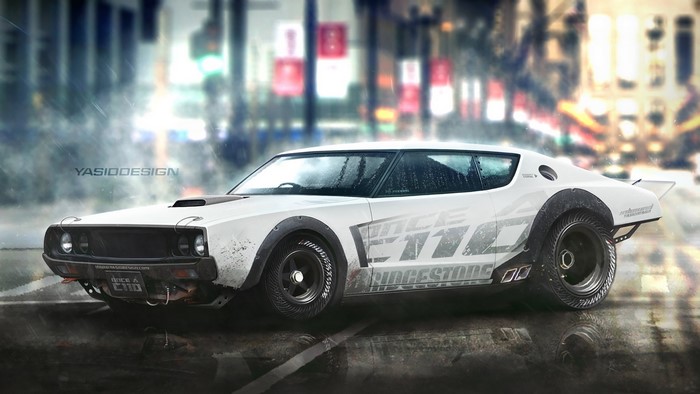 White Nissan Skyline C110 artwork with Bridgestone tires