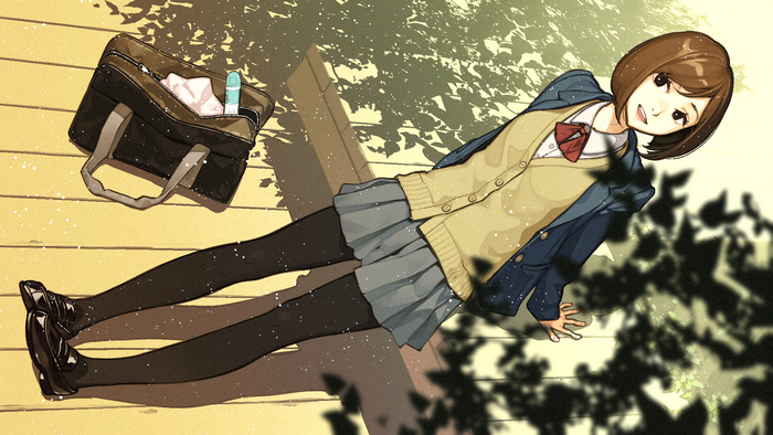 outdoors sitting digital art miniskirt school uniform illustration